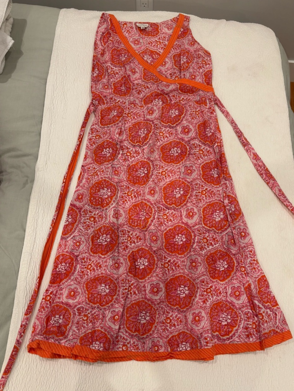 Anokhi Floral Pink and Orange Wrap Midi Dress